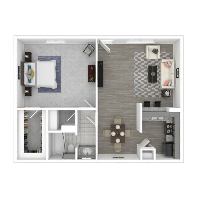 Floor plan artwork for a Bay Island one bedroom residence