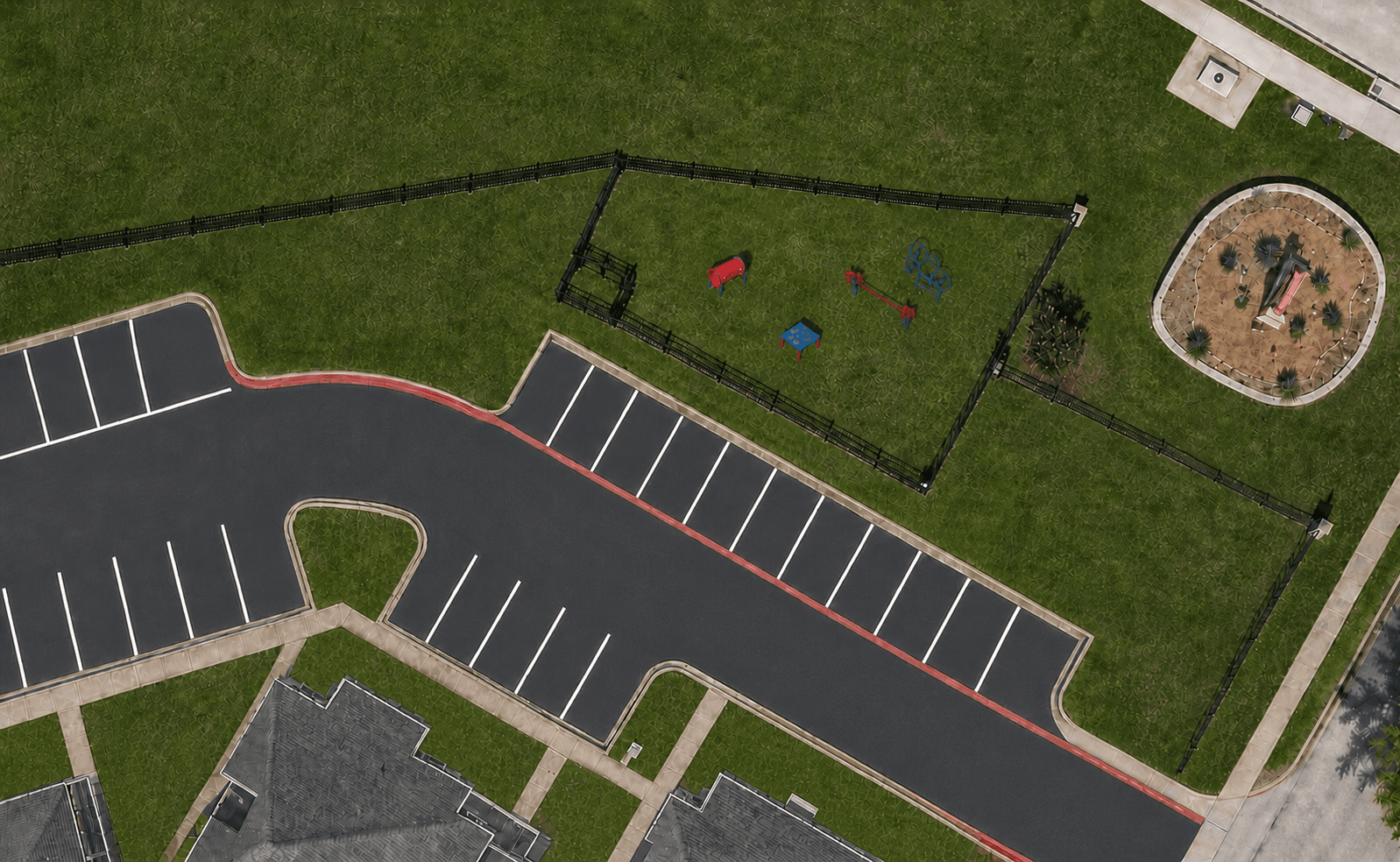 Approved aerial visualization of the planned Bay Island dog park, perimeter fencing, and agility course